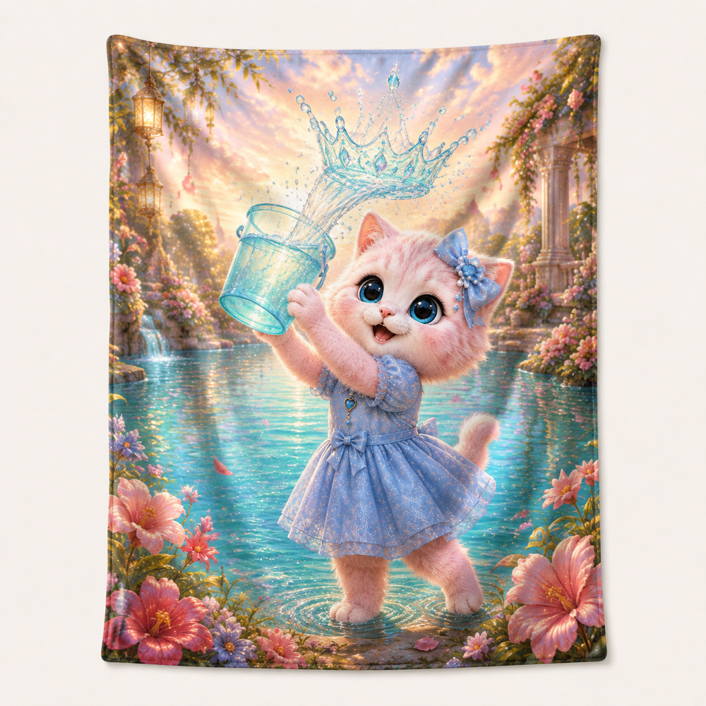 Golden Lagoon Splash Crown fleece blanket front view with Pink Kitten — The Fluffy Fam