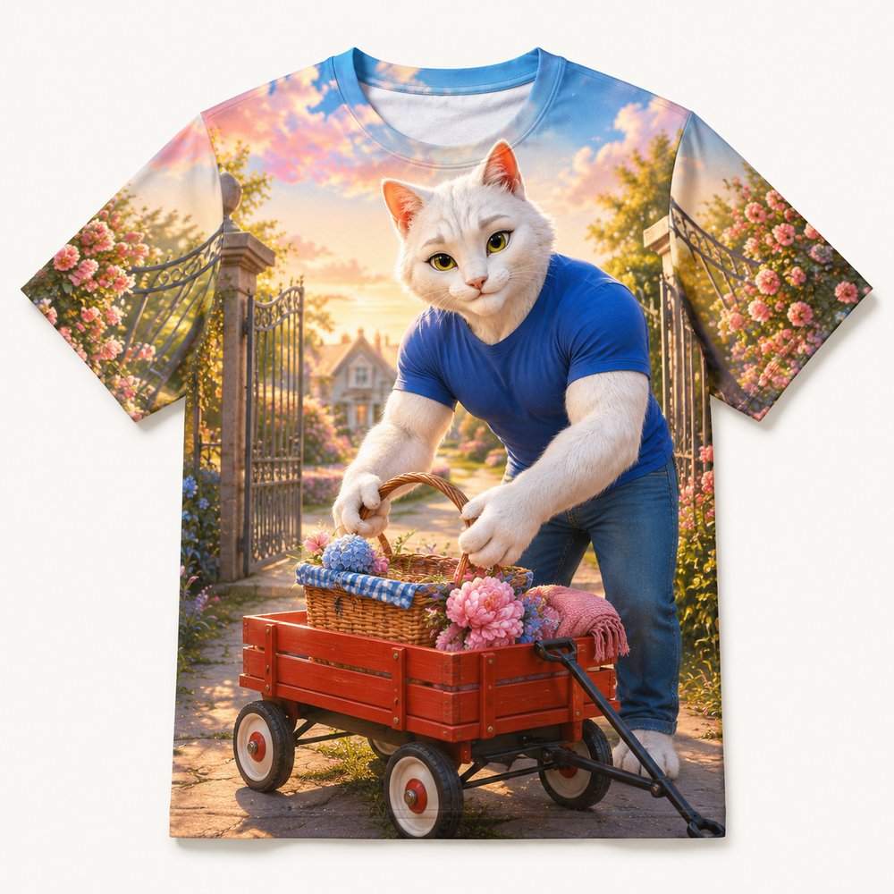 Front Gate Wagon Wave all-over print T-shirt front view with Dad Cat — The Fluffy Fam