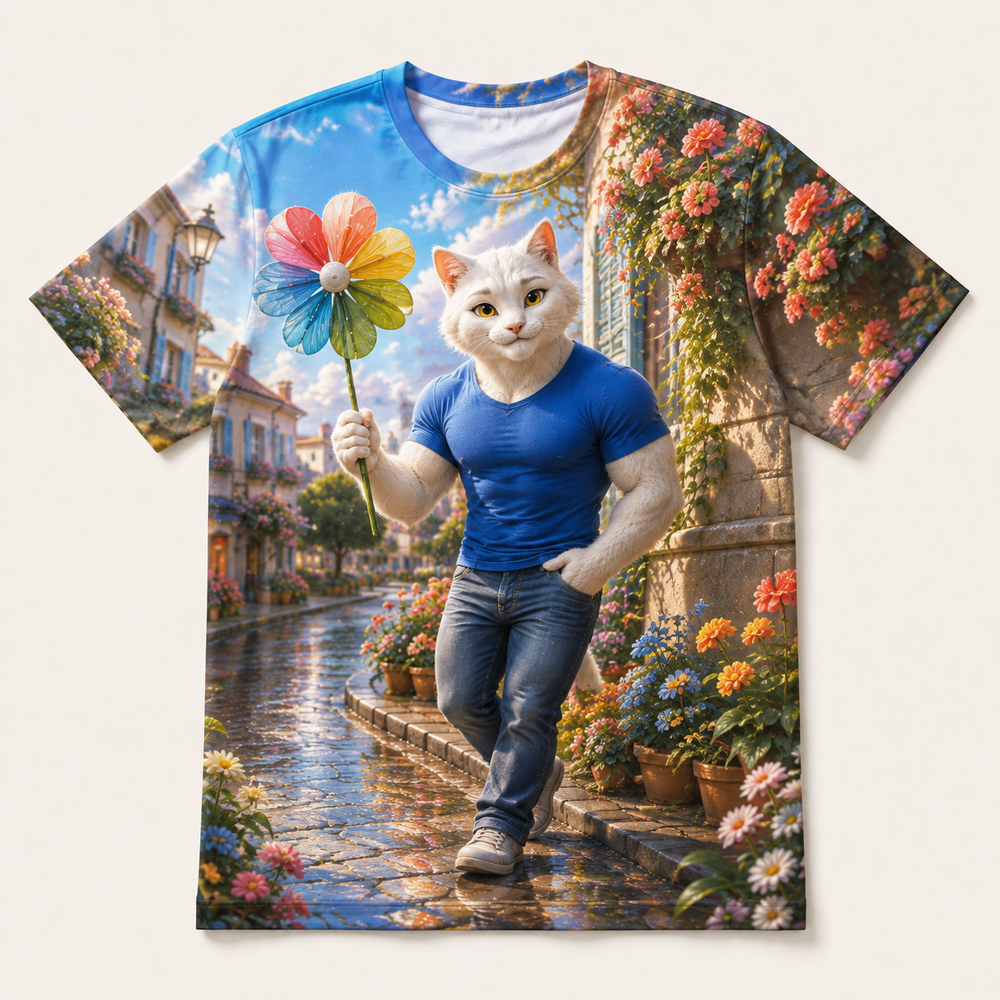 Cobblestone Pinwheel Turn all-over print T-shirt front view with Dad Cat — The Fluffy Fam