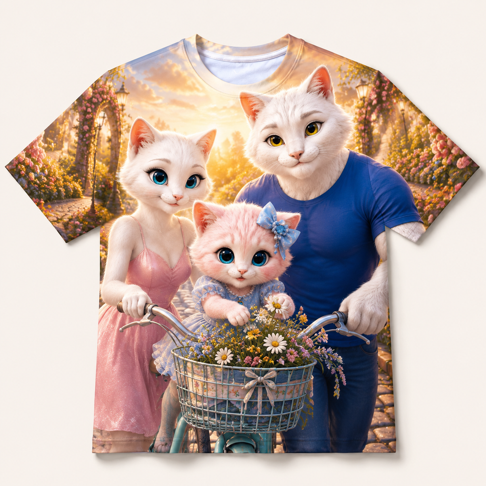 Bicycle Basket Bloom all-over print T-shirt front view with the whole cat family — The Fluffy Fam
