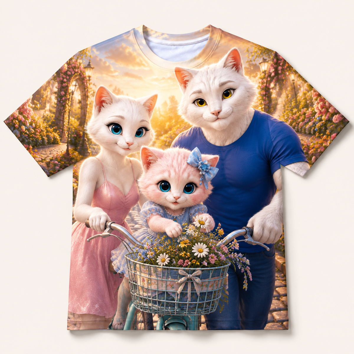 Bicycle Basket Bloom all-over print T-shirt front view with the whole cat family — The Fluffy Fam