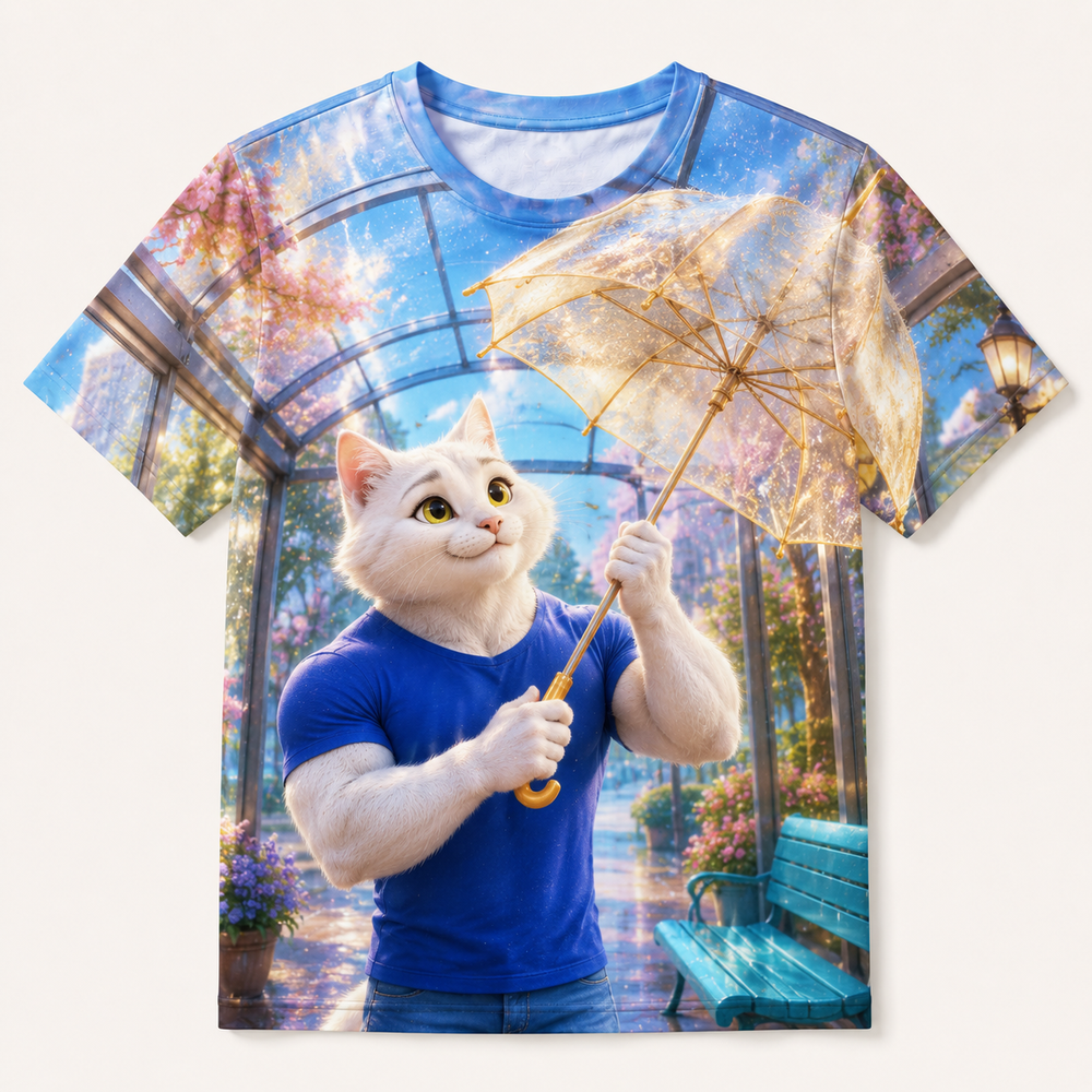 Bus Stop Umbrella Lift all-over print T-shirt front view with Dad Cat — The Fluffy Fam