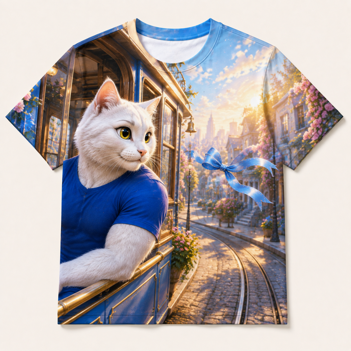 Tram Window Ribbon all-over print T-shirt front view with Dad Cat — The Fluffy Fam