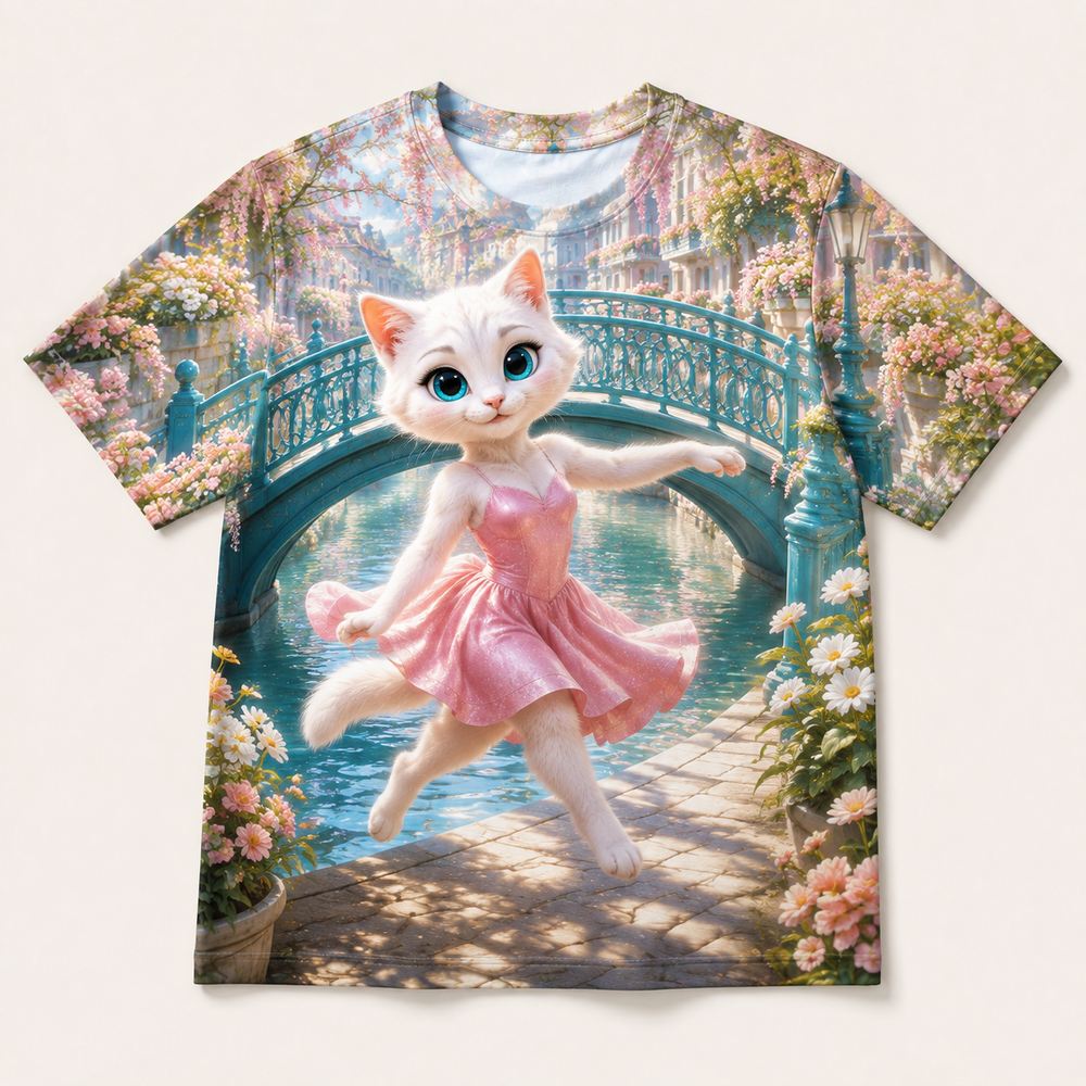 Footbridge Sunpatch Hop all-over print T-shirt front view with Mom Cat — The Fluffy Fam