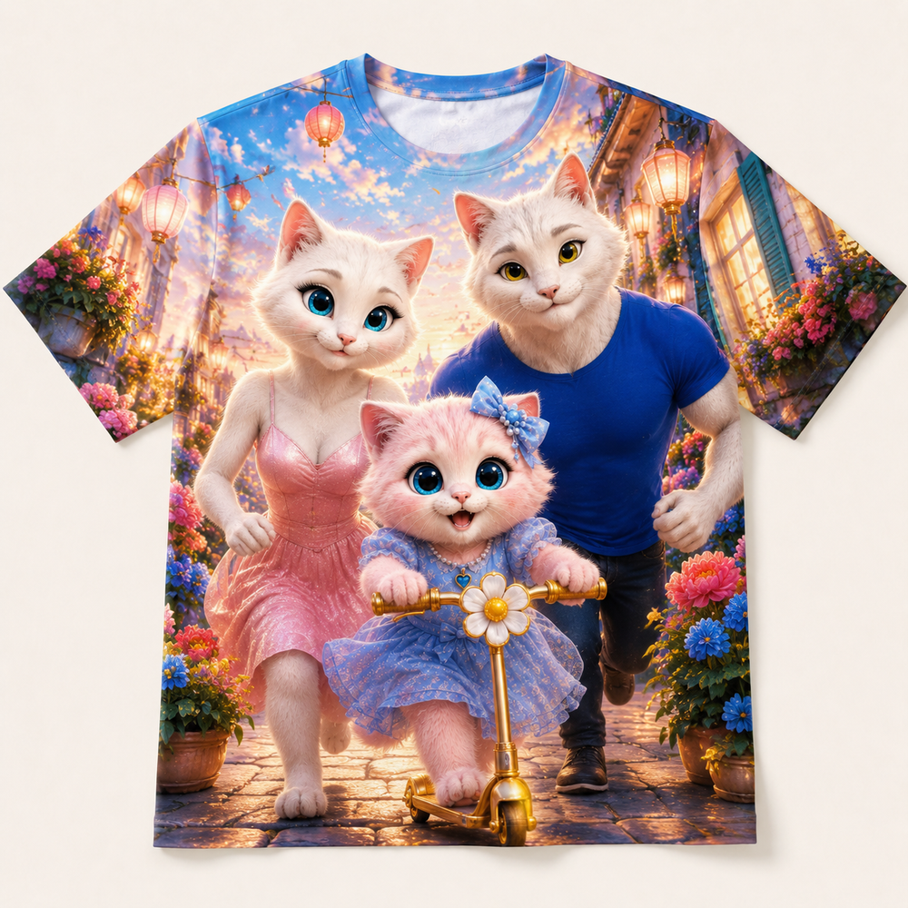 Scooter Bell Bloom all-over print T-shirt front view with the whole cat family — The Fluffy Fam