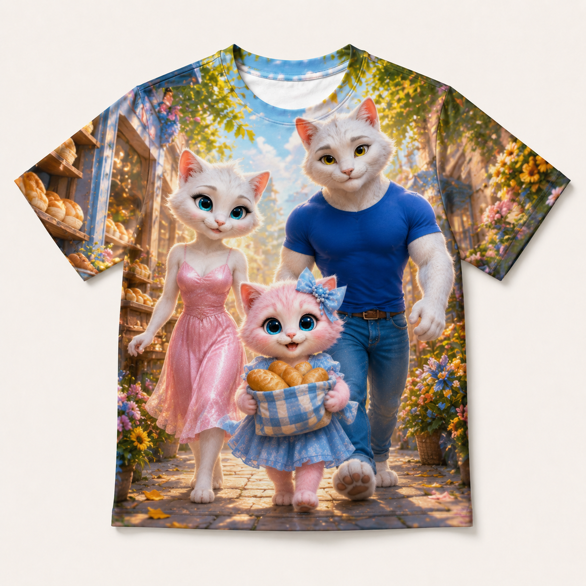 Bakery Shortcut Bundle all-over print T-shirt front view with the whole cat family — The Fluffy Fam