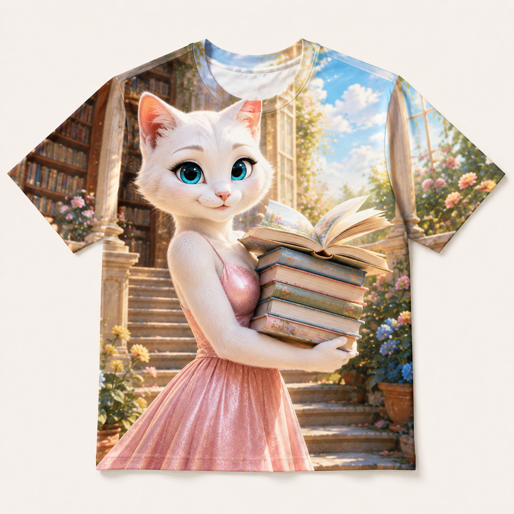 Library Step Book Hug all-over print T-shirt front view with Mom Cat — The Fluffy Fam