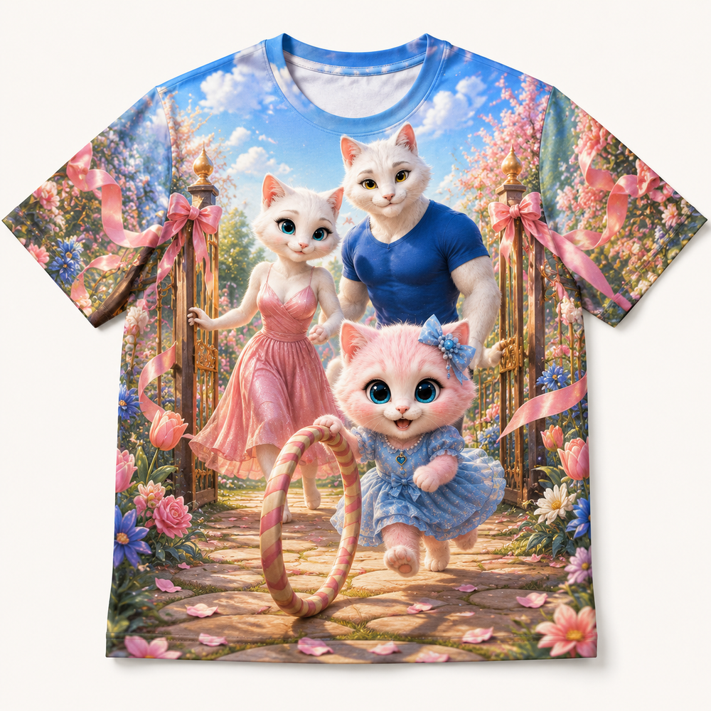 Playground Gate Hoop Race all-over print T-shirt front view with the whole cat family — The Fluffy Fam