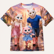Crosswalk Puddle Tiptoe all-over print T-shirt front view with the whole cat family — The Fluffy Fam