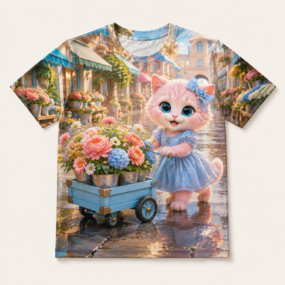 Market Trolley Turn all-over print T-shirt front view with Pink Kitten — The Fluffy Fam