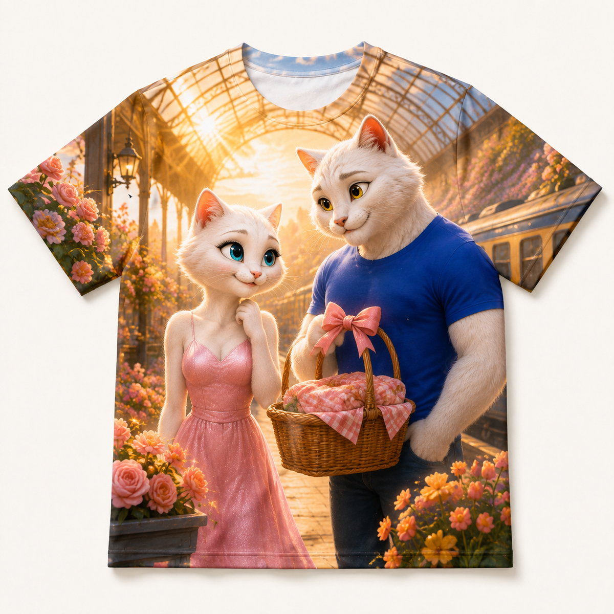 Station Canopy Reunion all-over print T-shirt front view with Dad Cat and Mom Cat — The Fluffy Fam