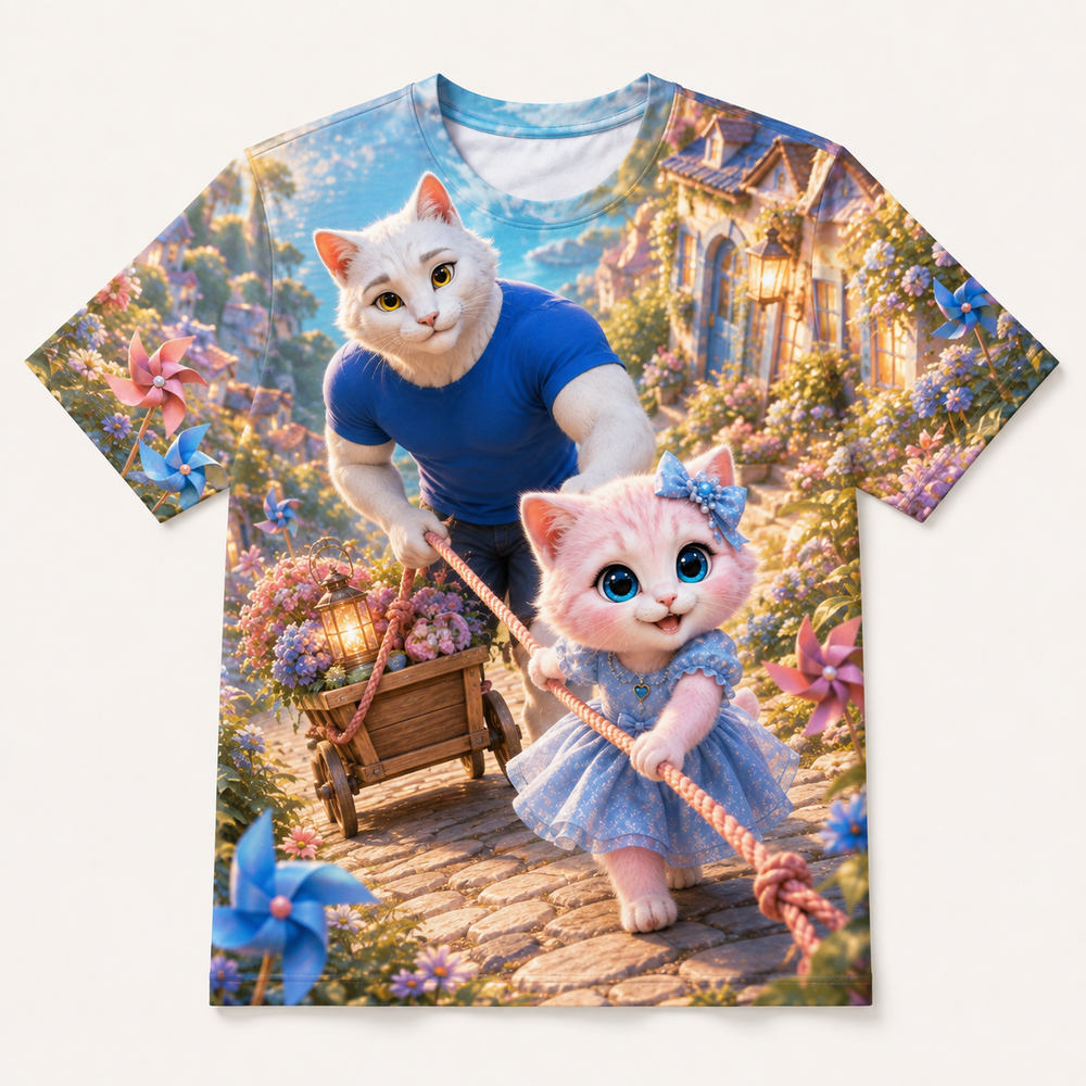 Wagon Hill Team Pull all-over print T-shirt front view with Dad Cat and Pink Kitten — The Fluffy Fam