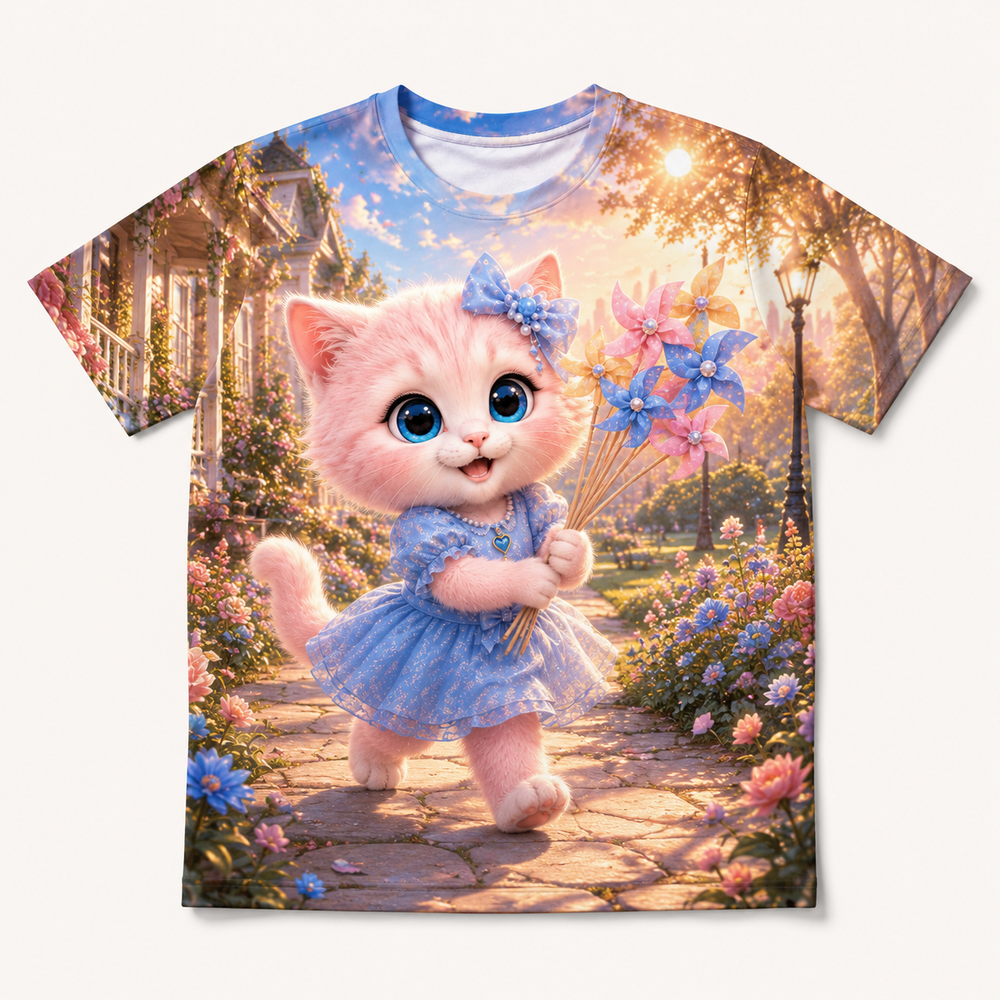 Porch-to-Park Parade all-over print T-shirt front view with Pink Kitten — The Fluffy Fam