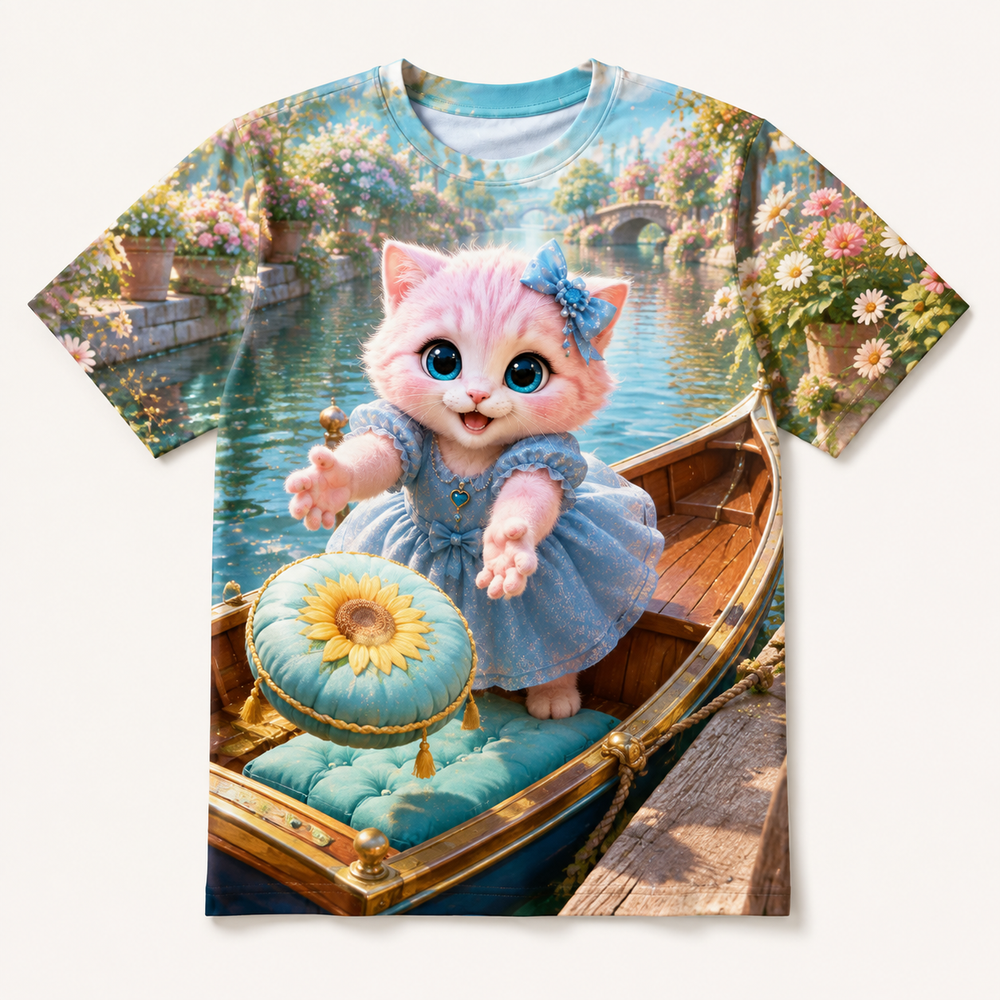 Canal Boat Cushion Catch all-over print T-shirt front view with Pink Kitten — The Fluffy Fam