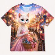 Little Train Basket Balance all-over print T-shirt front view with Mom Cat — The Fluffy Fam