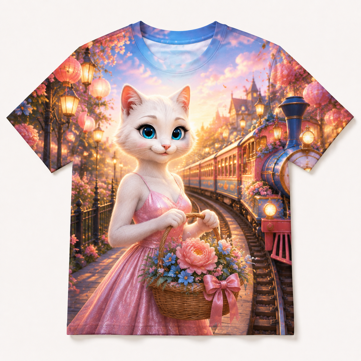 Little Train Basket Balance all-over print T-shirt front view with Mom Cat — The Fluffy Fam