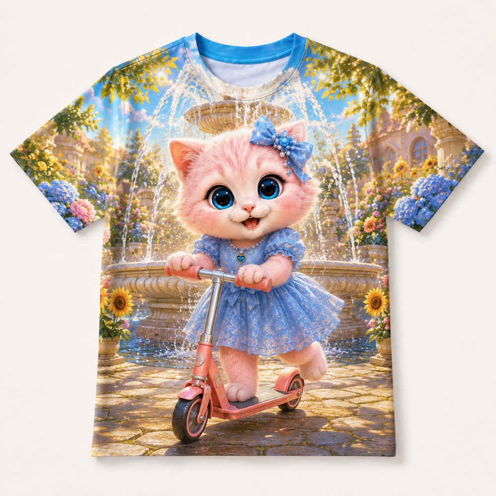Courtyard Scooter Spin all-over print T-shirt front view with Pink Kitten — The Fluffy Fam