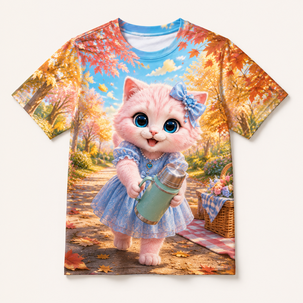 Picnic Path Thermos Pass all-over print T-shirt front view with Pink Kitten — The Fluffy Fam