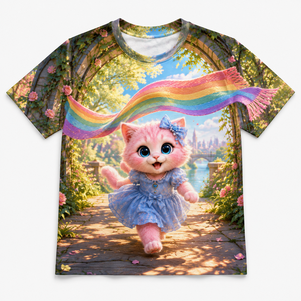 Tunnel Light Garland all-over print T-shirt front view with Pink Kitten — The Fluffy Fam