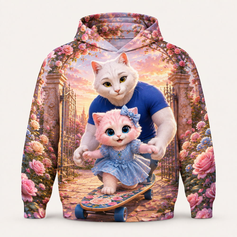 Garden Gate Board Glide all-over print hoodie front view with Dad Cat and Pink Kitten — The Fluffy Fam