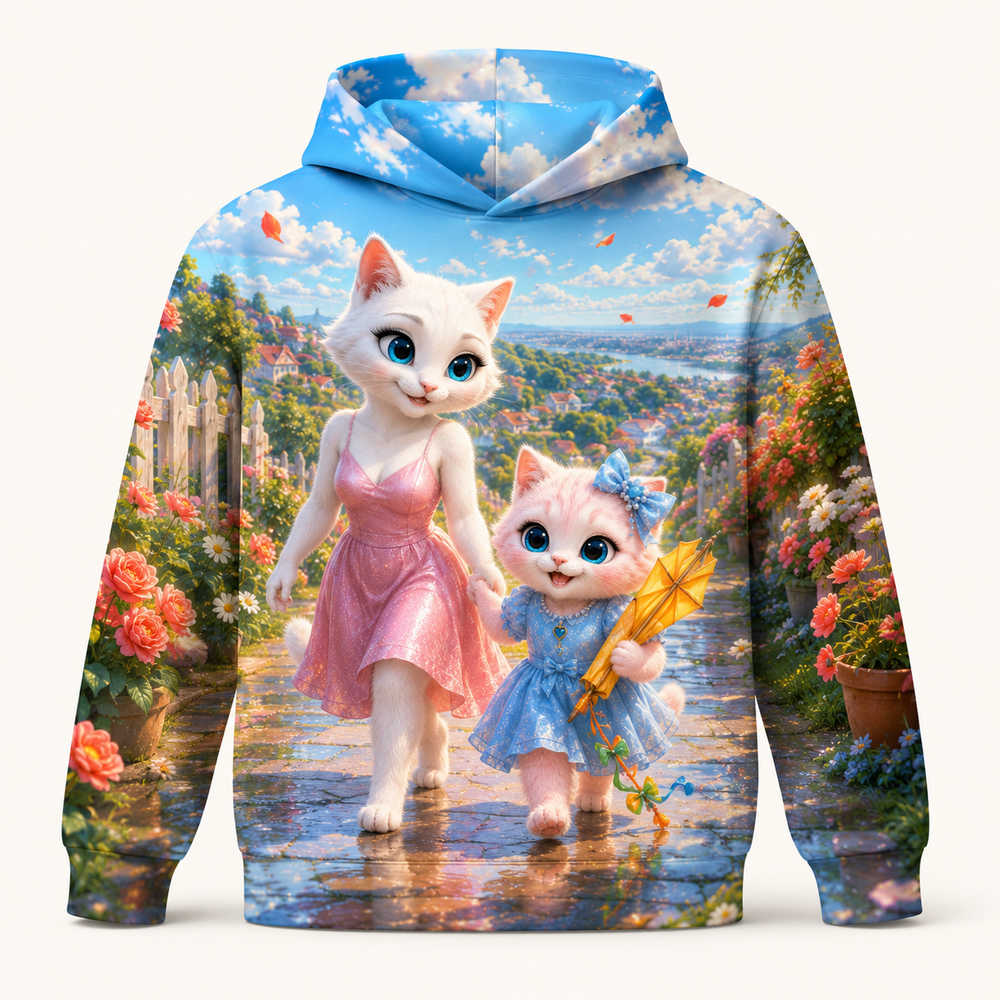 Hilltop Kite Delivery all-over print hoodie front view with Mom Cat and Pink Kitten — The Fluffy Fam