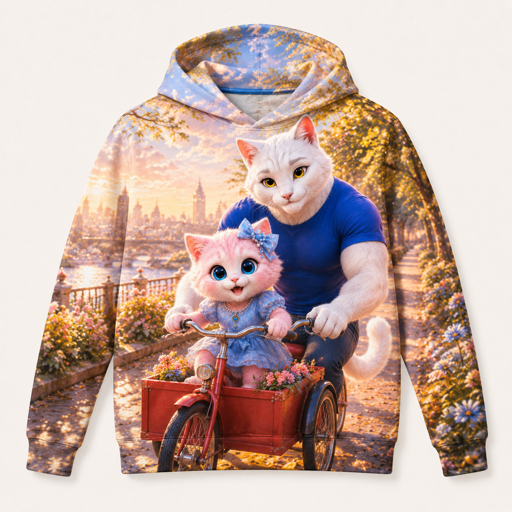 Riverside Tricycle Chime all-over print hoodie front view with Dad Cat and Pink Kitten — The Fluffy Fam