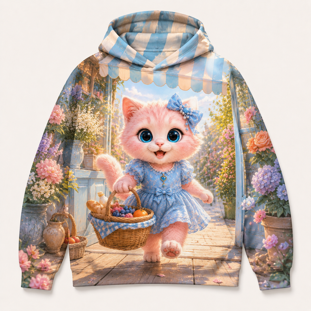 Corner Shop Basket Swing all-over print hoodie front view with Pink Kitten — The Fluffy Fam