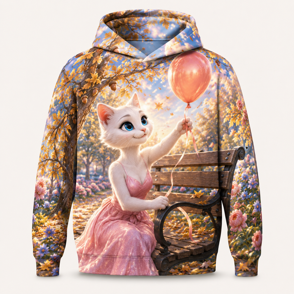 Park Bench Balloon Save all-over print hoodie front view with Mom Cat — The Fluffy Fam