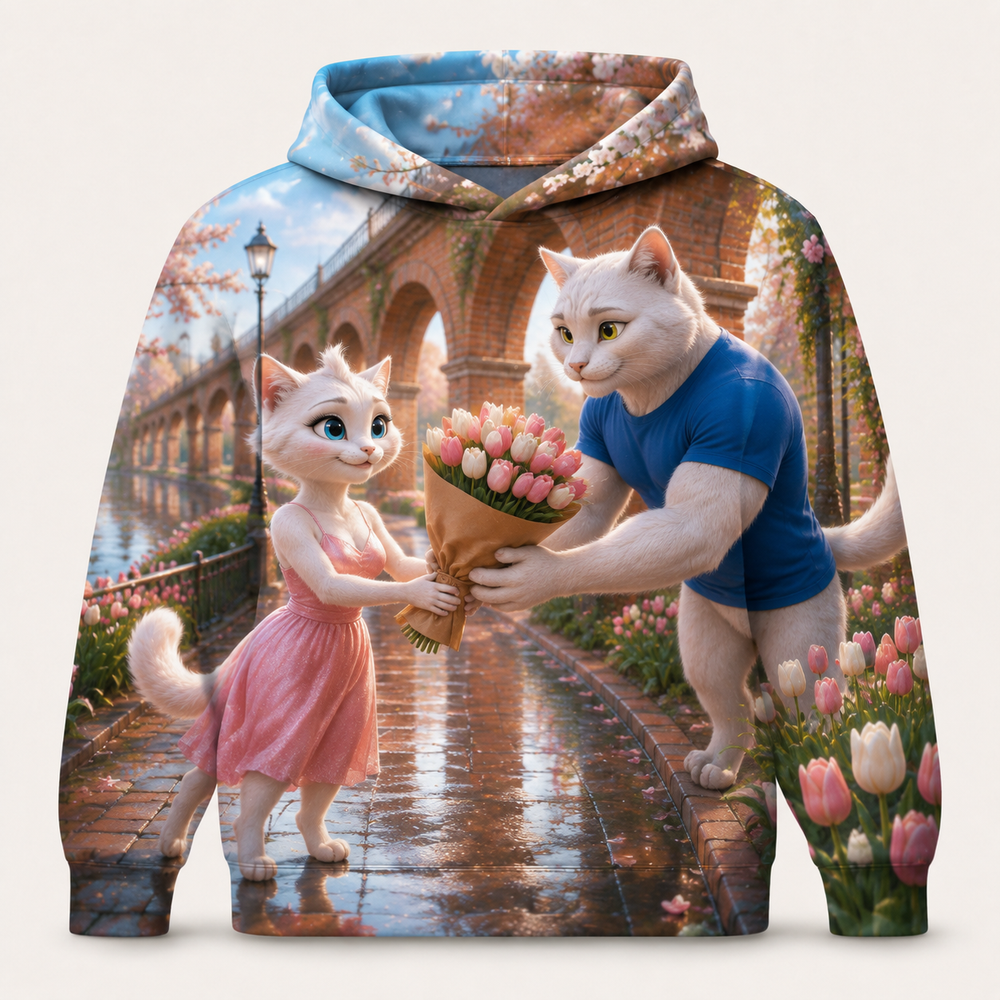 Bridge Bouquet Relay all-over print hoodie front view with Dad Cat and Mom Cat — The Fluffy Fam