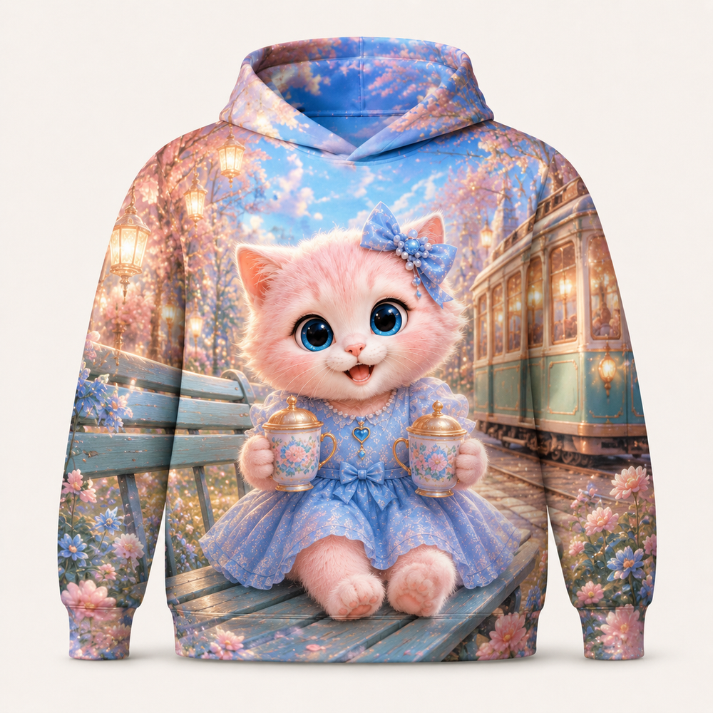 Tram Shelter Cocoa Balance all-over print hoodie front view with Pink Kitten — The Fluffy Fam