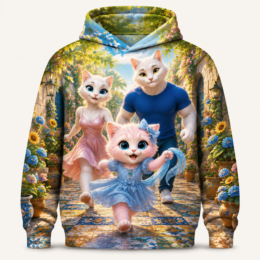Courtyard Mosaic Hop all-over print hoodie front view with the whole cat family — The Fluffy Fam