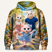 Courtyard Mosaic Hop all-over print hoodie front view with the whole cat family — The Fluffy Fam