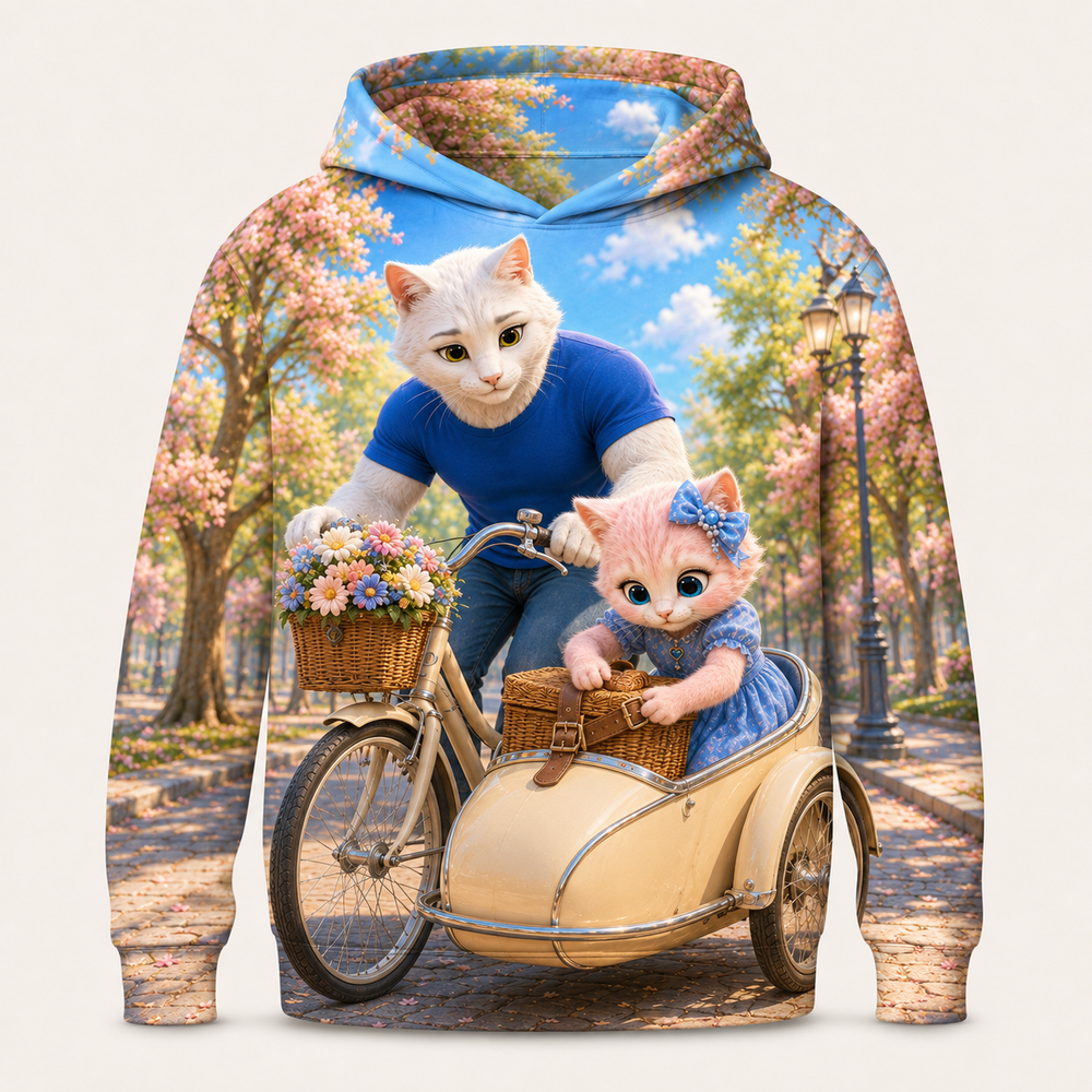 Sunny Sidecar Sendoff all-over print hoodie front view with Dad Cat and Pink Kitten — The Fluffy Fam