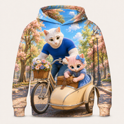 Sunny Sidecar Sendoff all-over print hoodie front view with Dad Cat and Pink Kitten — The Fluffy Fam