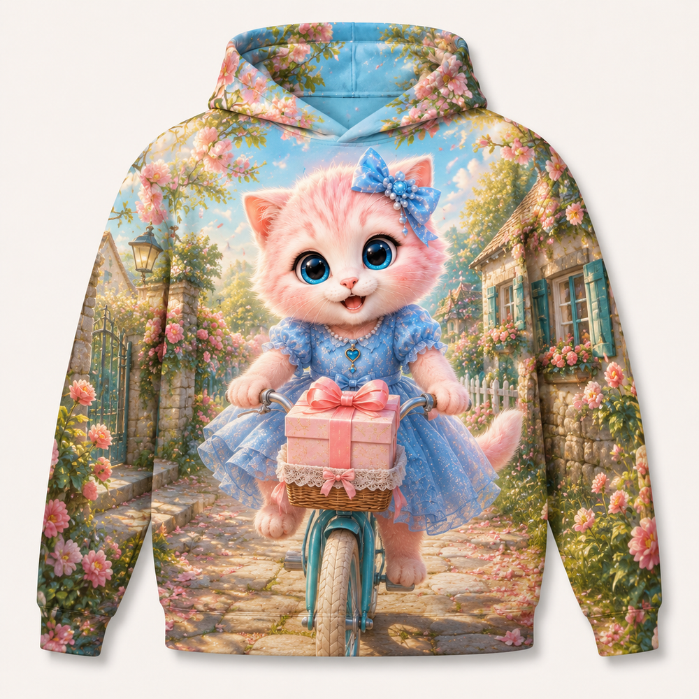 Parcel Ribbon Ride all-over print hoodie front view with Pink Kitten — The Fluffy Fam