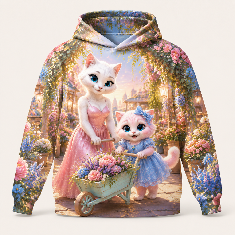 Market Arch Wheelbarrow all-over print hoodie front view with Mom Cat and Pink Kitten — The Fluffy Fam