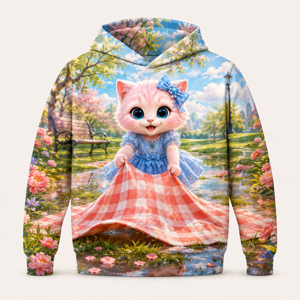 Pocket Park Blanket Flip all-over print hoodie front view with Pink Kitten — The Fluffy Fam