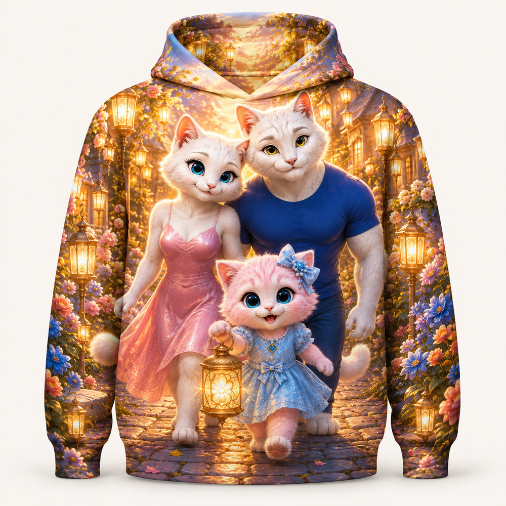 Lantern Lane Homeward Glow all-over print hoodie front view with the whole cat family — The Fluffy Fam
