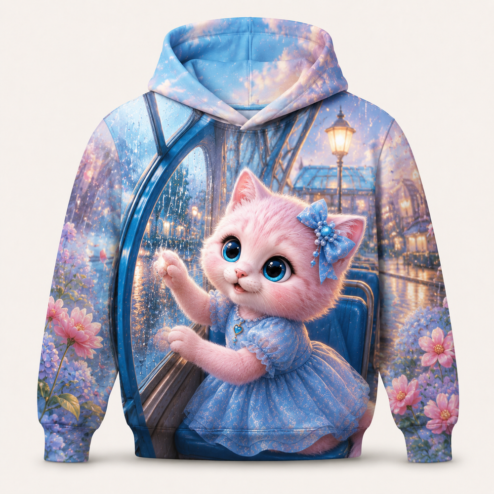 Bus Window Raindrop Race all-over print hoodie front view with Pink Kitten — The Fluffy Fam