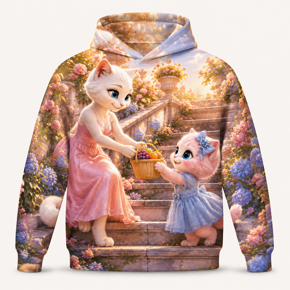 Garden Steps Basket Pass all-over print hoodie front view with Mom Cat and Pink Kitten — The Fluffy Fam
