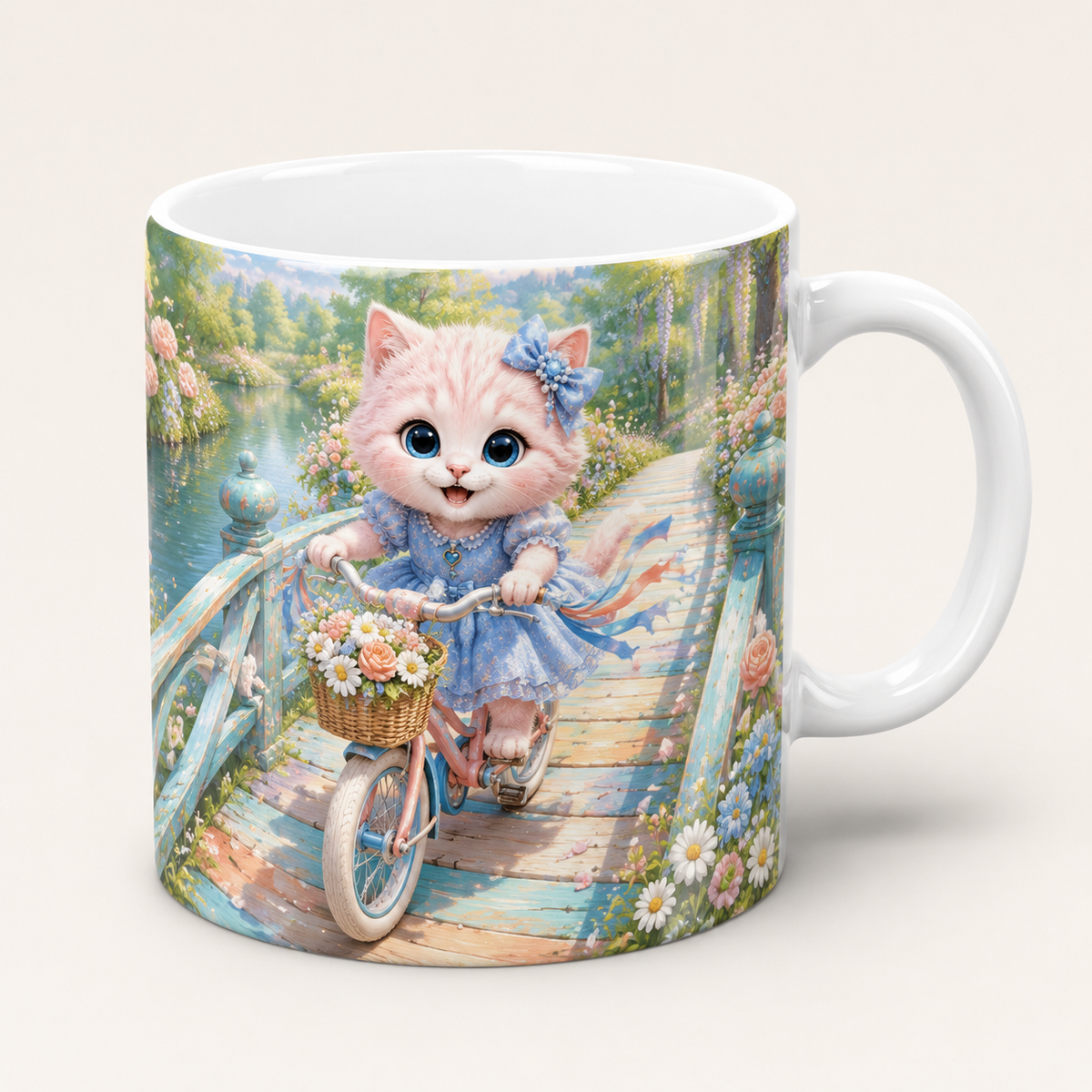 Bicycle Bridge Streamer ceramic mug front view with Pink Kitten — The Fluffy Fam