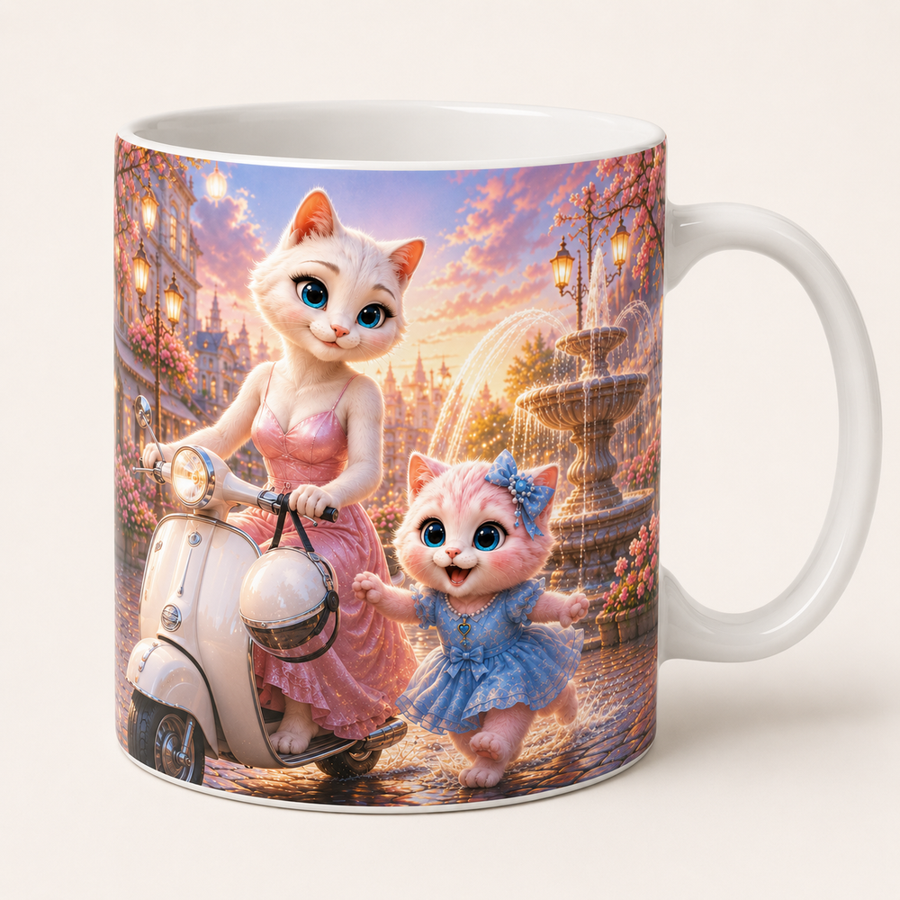 Fountain Circle Scooter Stop ceramic mug front view with Mom Cat and Pink Kitten — The Fluffy Fam