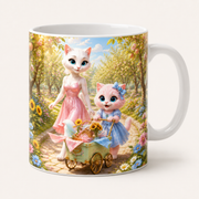 Picnic Cart Corner Drift ceramic mug front view with Mom Cat and Pink Kitten — The Fluffy Fam