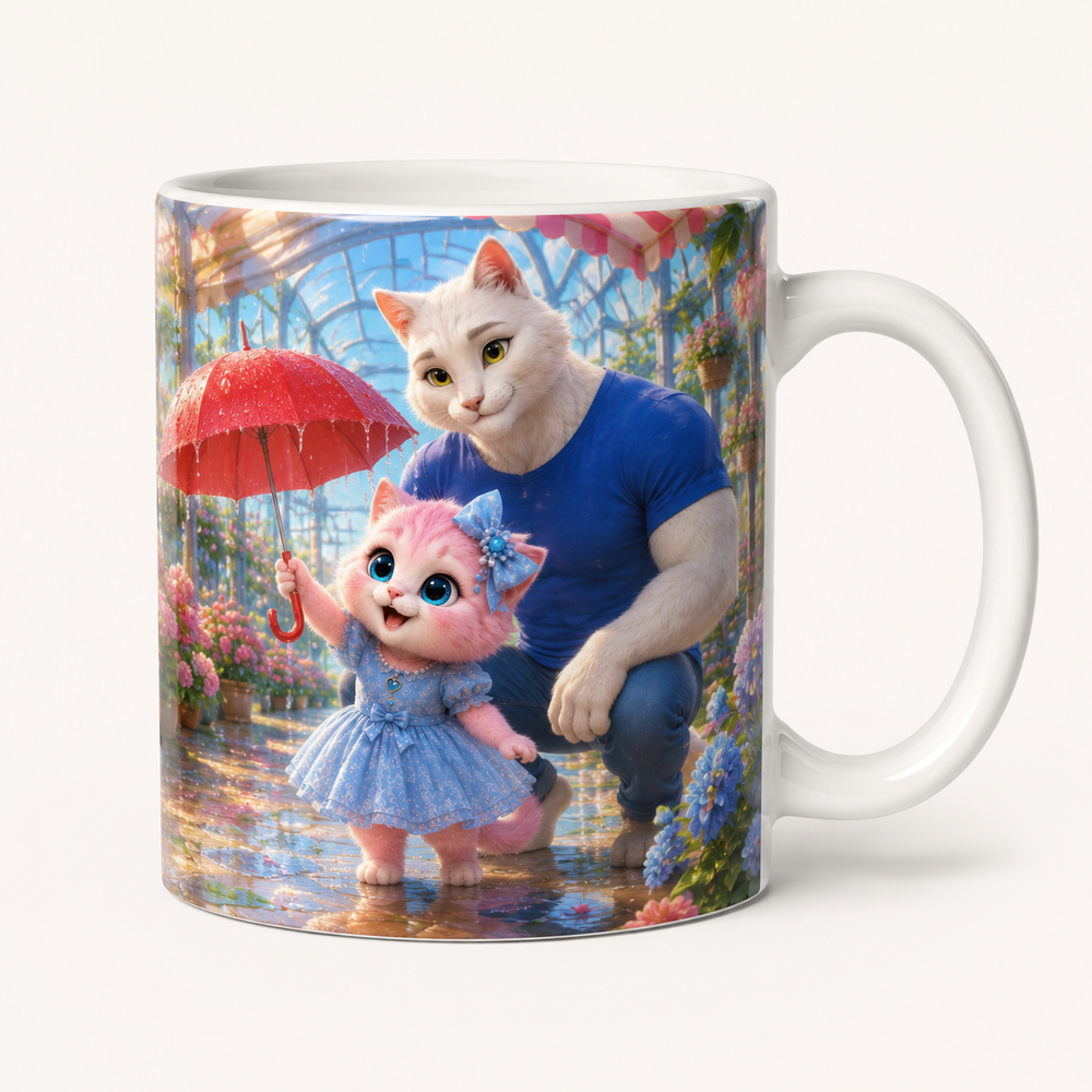 Covered Walkway Rain Tap ceramic mug front view with Dad Cat and Pink Kitten — The Fluffy Fam
