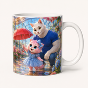Covered Walkway Rain Tap ceramic mug front view with Dad Cat and Pink Kitten — The Fluffy Fam