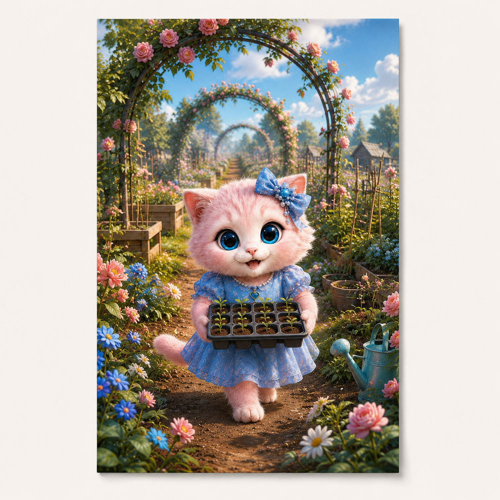 Community Garden Seed Run art print front view with Pink Kitten — The Fluffy Fam