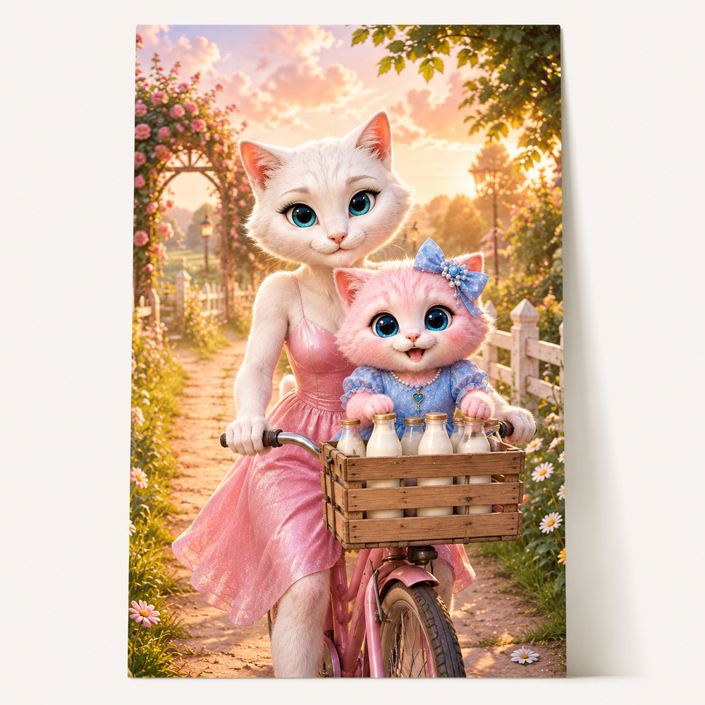 Milk Crate Bicycle Chime art print front view with Mom Cat and Pink Kitten — The Fluffy Fam