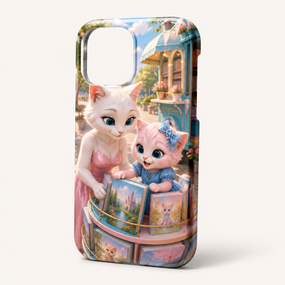 Bookmobile Carousel Choice phone case front view with Mom Cat and Pink Kitten — The Fluffy Fam