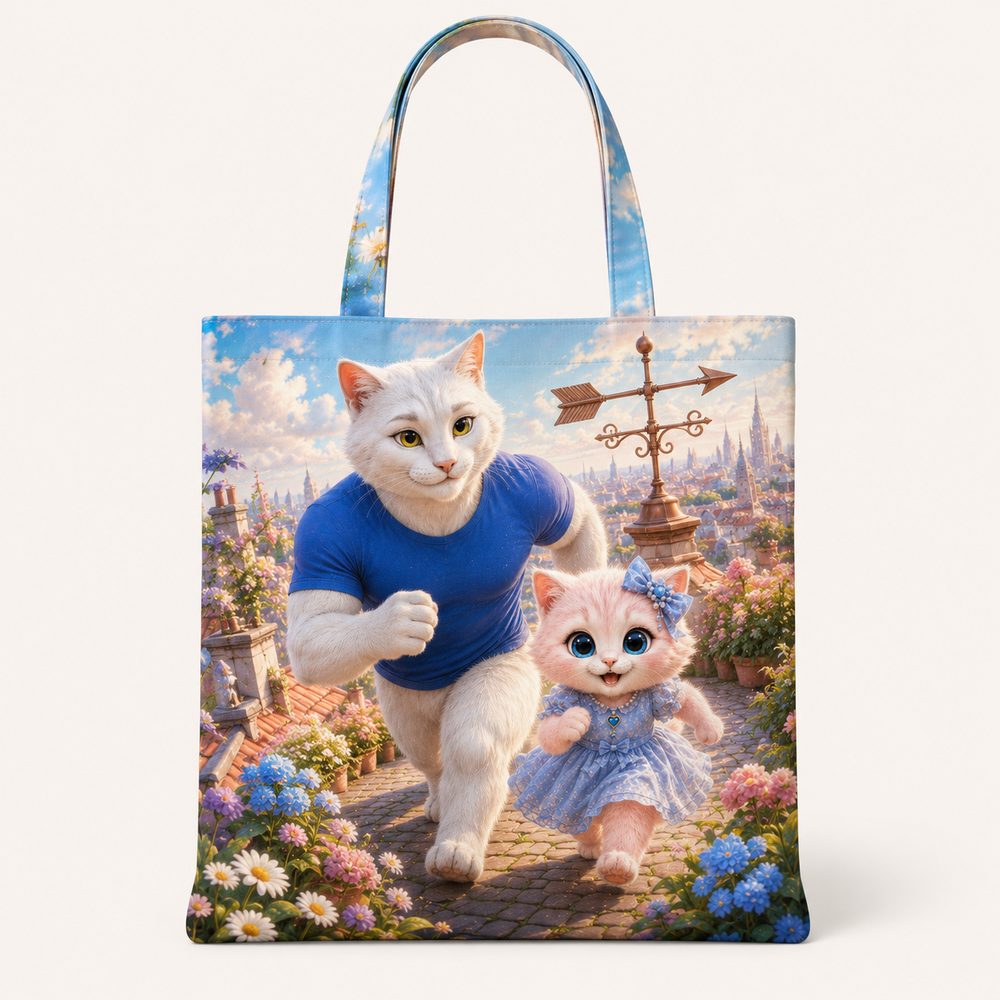 Weather Vane Corner Turn canvas tote bag front view with Dad Cat and Pink Kitten — The Fluffy Fam
