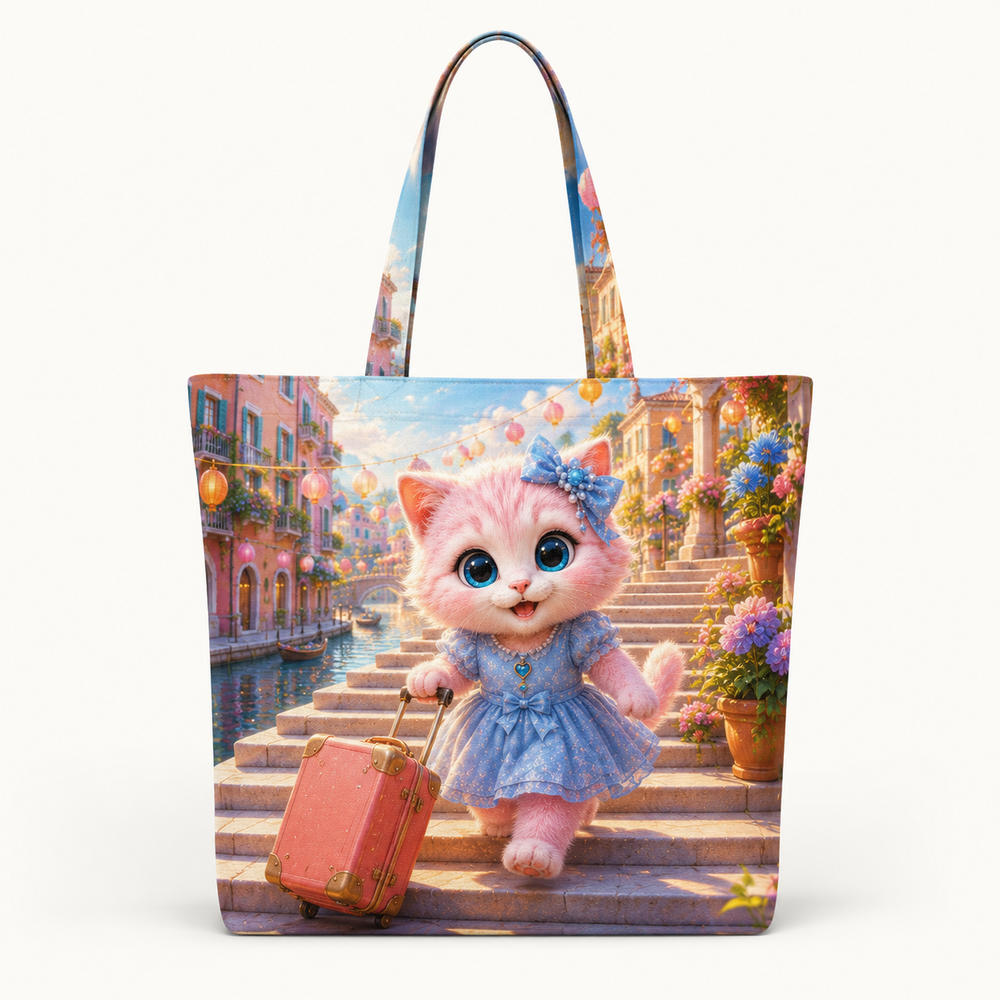 Canal Steps Suitcase Scoot canvas tote bag front view with Pink Kitten — The Fluffy Fam